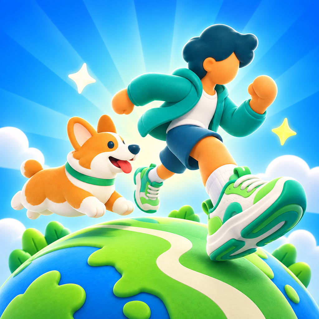 Runner and corgi moving around a bright green world